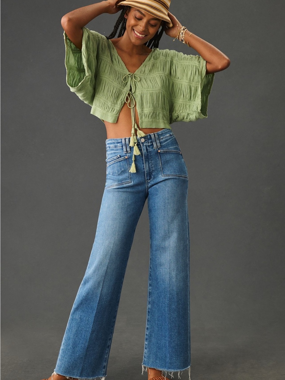PAIGE Medium Blue Wide-Leg Cropped Jeans